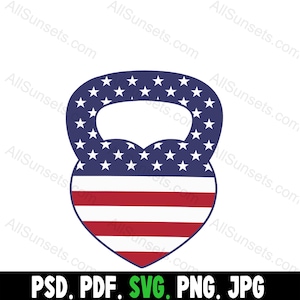 Kettle Bell Bandeira americana em formato de coração Levantamento de peso svg png pdf jpg psd Tipos de arquivo Exercício Uso comercial Gráfico de impressão sob demanda