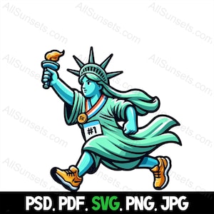 Estátua da Liberdade Corrida svg png pdf psd jpg Arquivos Jogging 5k Running Lady Liberty Walking Meia Maratona Medalha # 1 América Cricut Clipart