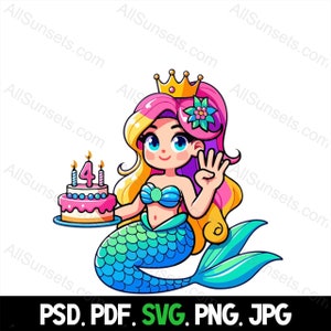Meerjungfrau Party für 4-Year-Old Birthday Under Sea svg png pdf psd jpg Dateien Pastellfarben Kuchen Home Werbung oder Print on Demand Verwendung Clipart