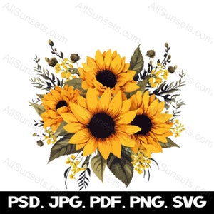 Sunflowers with Green Leaves Bouquet SVG, PNG, JPG pdf psd- Print-on-Demand Summer Floral Logo Commercial Use Graphic