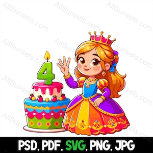 Fiesta de princesas para fiesta de cumpleaños de 4 años svg png pdf psd jpg Archivos Pastel Colores Pastel Inicio Comercial o Imprimir bajo demanda Usar imágenes prediseñadas