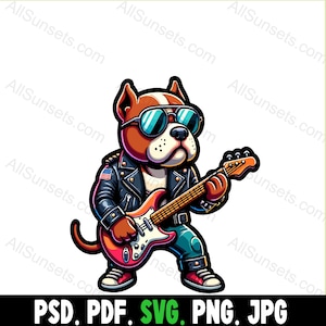 Pitbull Rock and Roll Character Full Color Vector in svg png pdf jpg psd File Types with Commercial Use for Print on Demand Clipart