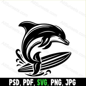 Delphin Surfen Surfbrett Silhouette svg png pdf jpg psd Vektordateitypen für den privaten oder kommerziellen Gebrauch einschließlich Print on Demand