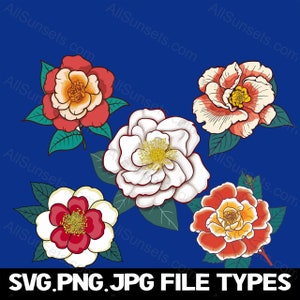 Alabama Camellia Elegant Graphics Bundle - Ensemble de 5 Illustrations florales SVG PNG JPG Types de fichiers Clipart pour une utilisation commerciale à la demande