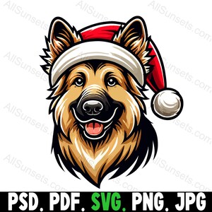 May include: A German Shepherd dog wearing a red and white Santa hat. The dog is looking directly at the viewer with a happy expression.