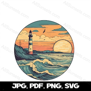 May include: A vintage-style illustration of a lighthouse on a rocky shore with waves crashing in the foreground. The sun is setting behind the lighthouse, casting a warm orange glow over the scene.