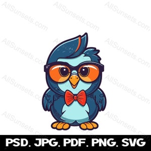 Adorable Pingüino Personaje Retro Gafas de sol svg png jpg pdf psd Tipos de archivo Cool Elegante Cadera Inteligente Color de cabello Uso comercial Gráfico