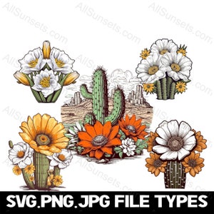 Paquete de gráficos de flor de cactus Pretty Saguaro de Arizona State Flower - Conjunto de 5 archivos SVG PNG JPG Clipart para uso comercial de impresión bajo demanda