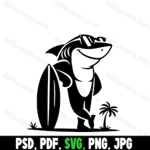 Surfer Shark Standing on Palm Tree Island Silhouette svg png jpg pdf psd File Types Funny Home or Commercial Use for Print on Demand