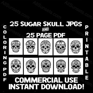 Teschi di zucchero Il giorno dei morti Disegni da colorare Libro da colorare stampabile per adulti Licenza commerciale per adulti da colorare KDP Lulu 25 Jpg e 1 PDF