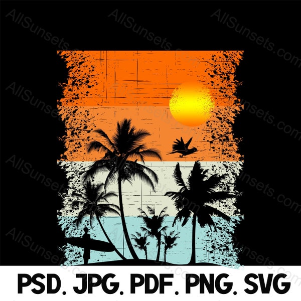 Beach Surfer Retro Vintage Sunset PNG Psd Pdf Jpg and SVG Files Parrots Palm Trees Color Palette Heavy Distressed Commercial Use Graphics