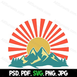 Montagne neige rétro Sunburst svg png jpg psd pdf Types de fichiers Clipart arbres à feuilles persistantes licence commerciale graphique