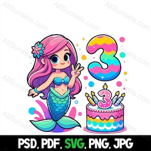 Mermaid Party for 3-Year-Old Birthday Under Sea svg png pdf psd jpg Dateien Pastellfarben Kuchen Home Werbung oder Print on Demand Verwenden Clipart