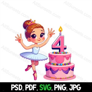 Bailarina Bailarina Festa de aniversário de 4 anos svg png pdf psd jpg Tipos de arquivo Bolo Pastel Casa Comercial ou impressão sob demanda Use Clipart