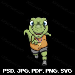 T-rex Dinosaur Running svg png pdf psd jpg Tipos de archivos Carreras 5k 10k Media Maratón Trotar Caminar Medalla Cricut Comercial Clipart