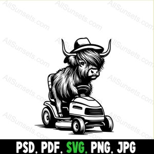 Highland Cow Riding A Grass Mower Silhouette SVG PNG PDF JPG PSD Bestandstypen Lang haar Vee Commercieel gebruik Print on Demand Clipart