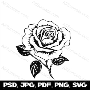 Rose Flower Silhouette svg png psd jpg pdf File Types Floral Black Outline Commercial Use Print on Demand License