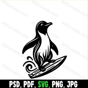 Penguin Surfing Surfboard Silhouette svg png pdf jpg psd Tipos de archivos Uso comercial Impresión bajo demanda Clipart