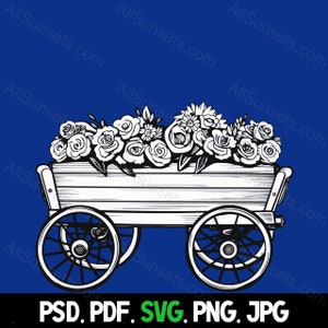 May include: A black and white line drawing of a wooden wagon filled with flowers. The wagon has two wheels and a wooden bed. The flowers are arranged in a bouquet and are overflowing from the wagon.