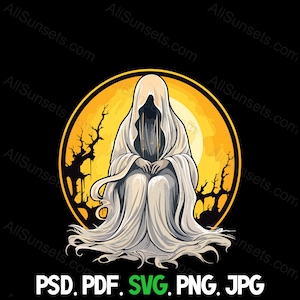 Ghost Bride Sad Spooky Full Moon Circle svg png pdf jpg psd Tipos de archivo Halloween Vector Uso comercial para impresión bajo demanda Clipart
