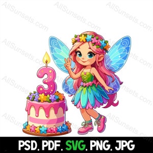 Feenparty für 3-Jährige Happy Birthday Feen svg png pdf psd jpg Dateien Pastellfarben Kuchen Home Werbung oder Print on Demand Verwenden Sie Clipart