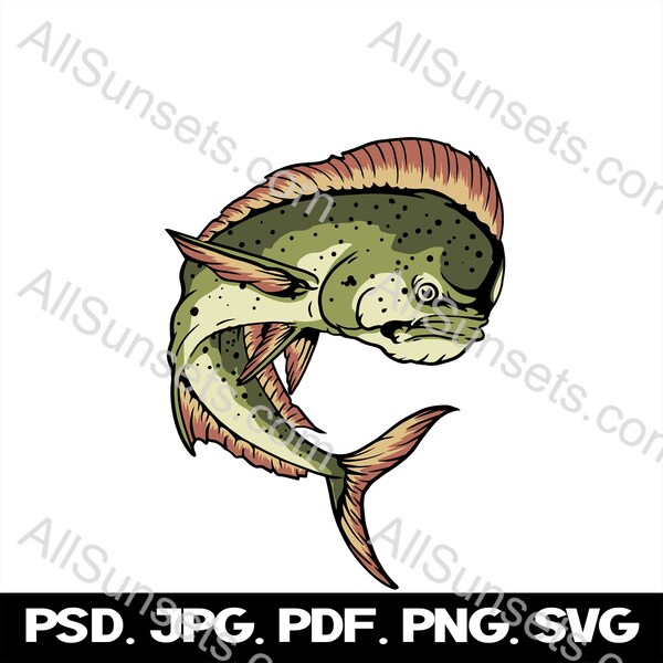 Mahi Mahi Delfín Pez saltador SVG PNG pdf psd jpg Formato de archivo vectorial EE.UU. Gráficos de peces Impresión bajo demanda Uso comercial Clip Art
