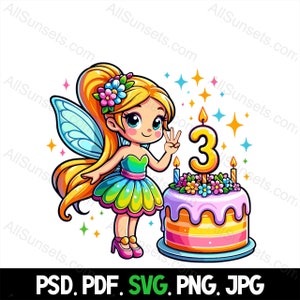 Fairy Party for 3-Year-Old Happy Birthday Idee svg png pdf psd jpg Dateien Pastellfarben Kuchen Home Werbung oder Print on Demand Verwenden Clipart