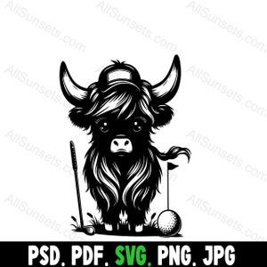 Highland Cow Playing Golf Silhouette svg png pdf jpg psd Tipos de arquivo Cute Long Hair Gado Golfing Commercial Use Print on Demand Clipart