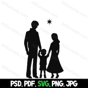 Padre Madre Niño Estrella de Navidad Silueta Negra svg png svg jpg psd Tipos de archivos Papá Mamá Vector Uso comercial Impresión bajo demanda Imágenes prediseñadas
