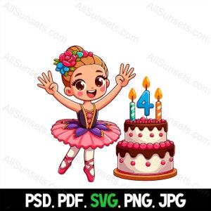 Ballerina Ballett Tänzerin 4-jährige Geburtstagsparty svg png pdf psd jpg Dateityp Pastell Kuchen Home Werbung oder Print on Demand Verwenden Sie Clipart
