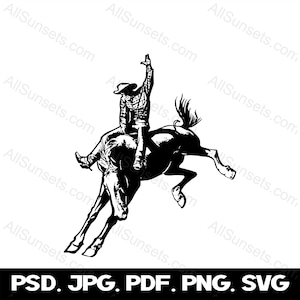 Rodeo Rider Bronco Wild Western Cowboy svg png svg jpg psd Types de fichiers Western Grunge Wrangler Vector Silhouette Graphics Clipart