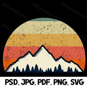 Arbres de montagne Rétro Coucher de soleil PNG SVG Pdf Psd Jpg vintage Téléchargement numérique instantané Utilisation commerciale 300 DPI Transparent 4500 x 5400 Clipart