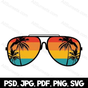 Playa Palmera Retro Gafas de sol PNG pdf jpg psd y SVG Cortar Archivos Clipart Sun Palette Beach Verano Plantilla Licencia Comercial Gráfico