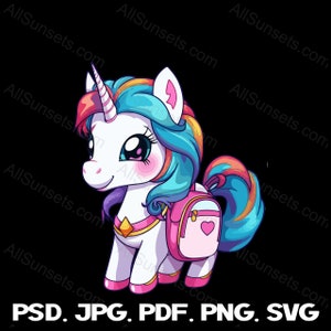 Licorne avec sac à dos filles Back-to-School Graphic svg png pdf psd jpg Types de fichiers Adorable Commercial-Use License Clipart