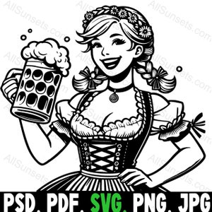 オクトーバーフェストのビールの乙女のクリップアート SVG、PNG、JPG、PDF、PSD ファイルの種類 ドイツ語、ディアンドル、ビールジョッキ、バイエルン フェスティバル、POD 商用利用グラフィック