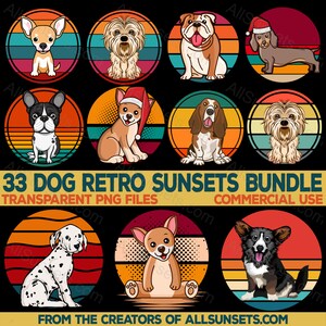 Races de chiens Clipart couchers de soleil rétro 33 fichiers PNG Chihuahua Cardigan Welsh Corgi Basset Akita Terrier Boxer Dalmatien Shih Tzu Teckel Bulldog