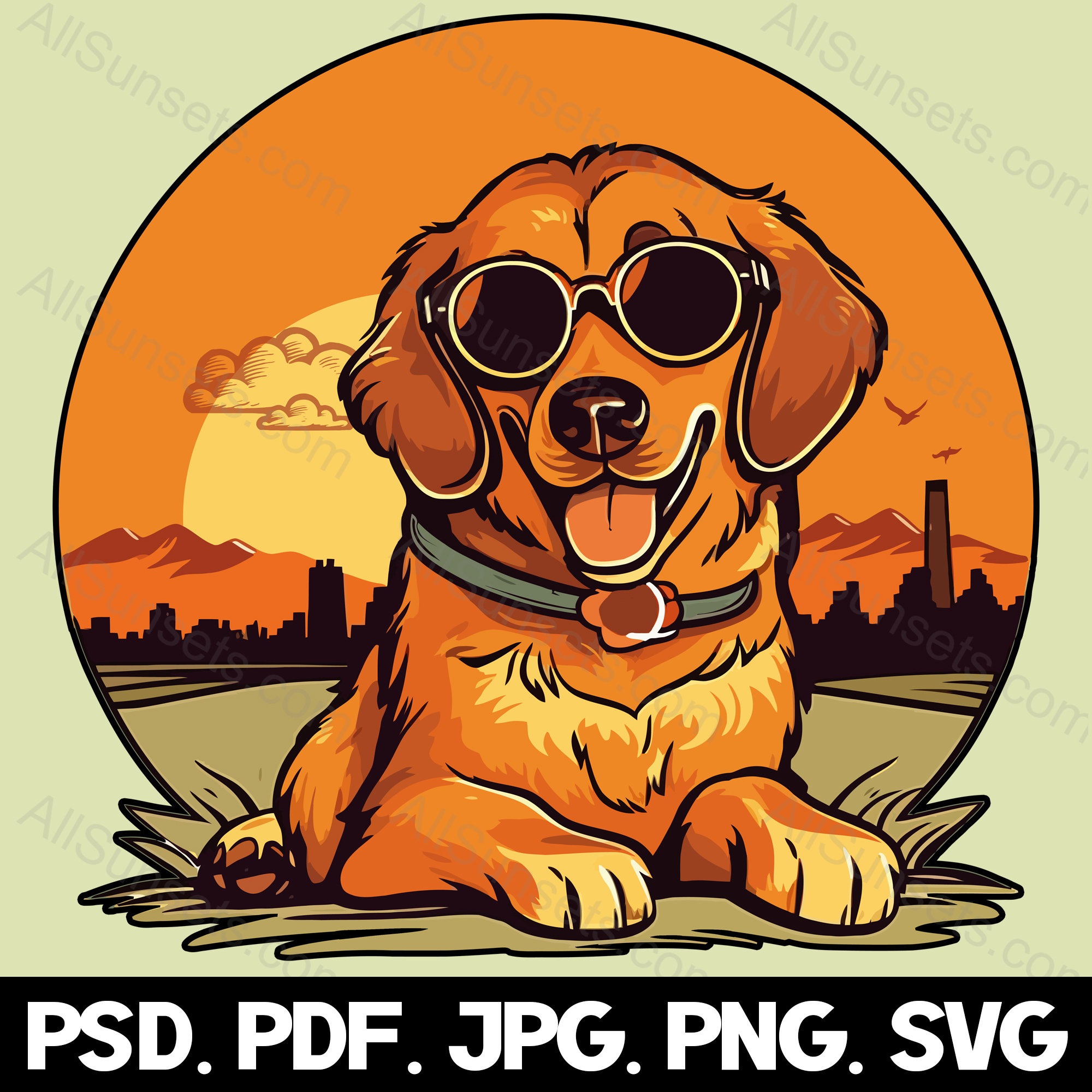 Puppy Sunglasses Retro Sunset Svg Png Jpg Pdf Psd File Types Dog Round ...