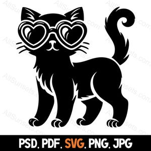 Chaton portant des lunettes de soleil coeur Silhouette svg png pdf jpg psd Types de fichiers Cool amour chat maison Commerciale ou impression à la demande utilisation