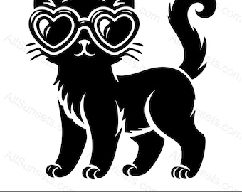 Gattino che indossa occhiali da sole a forma di cuore Silhouette svg png pdf jpg psd Tipi di file Cool Love Cat Home Commerciale o stampa su richiesta Usa