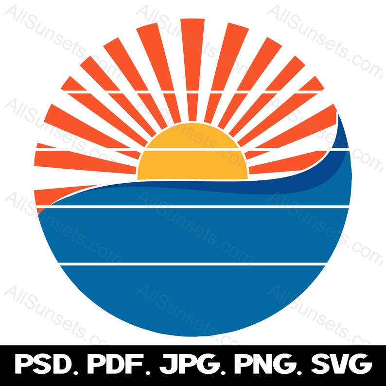 Blue Ocean Waves Retro Vintage Sunset Clipart Svg Png Jpg Psd Pdf File ...
