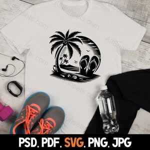 Flip Flops Palm Trees Silhouette svg png jpg pd pdf File Types Vector Beach Seashells Summer Commercial Use Print On Demand Image
