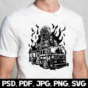Fireman Firetruck Flames Silhouette svg png psd jpg pdf File Types Fire Truck Vector Graphic Clipart Print On Demand Commercial Use
