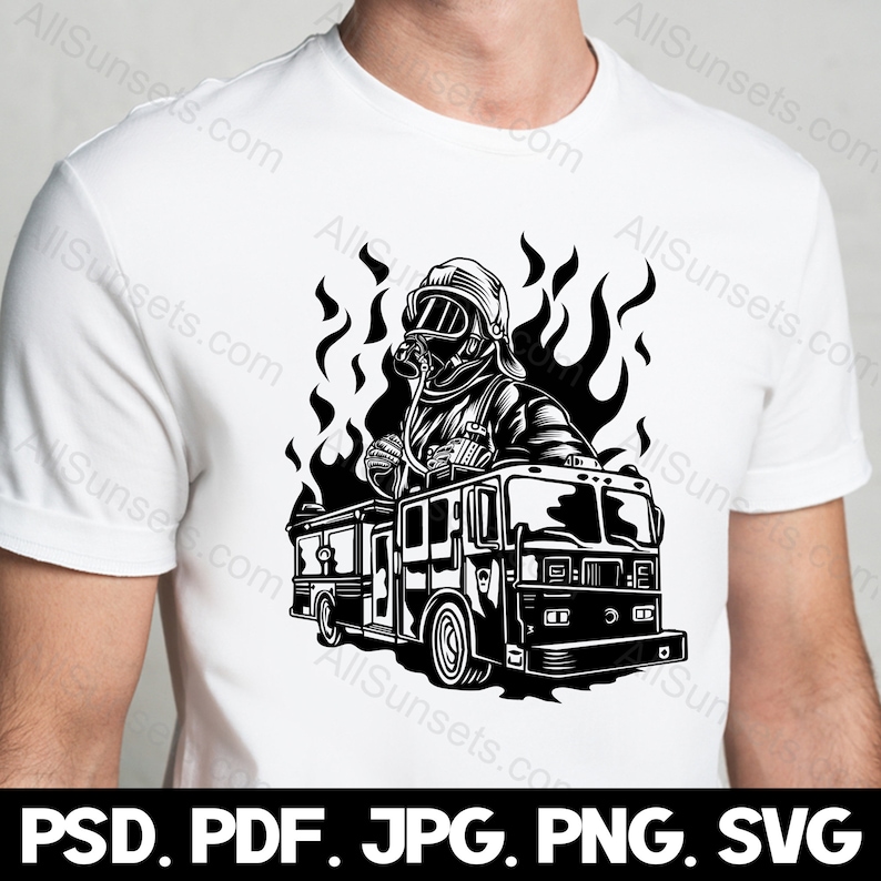 Fireman Firetruck Flames Silhouette svg png psd jpg pdf File Types Fire Truck Vector Graphic Clipart Print On Demand Commercial Use