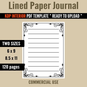 KDP Templates - Elegant Flourish Frame Themed Journal Lined Paper 120 Pages 8.5 x 11 & 6x9 inches Blank Journal Low Content Book