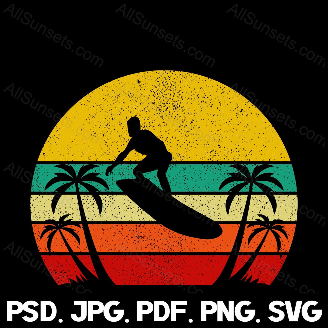 Beach Retro Vintage Sunset PNG Surfer Palm Trees Orange Yellow Blue Tan ...