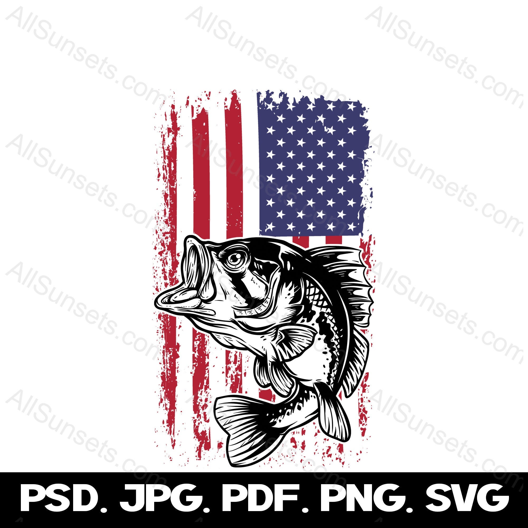 American Flag Bass Fishing PNG SVG Cut Files Patriotic Background Fishermen  USA Commercial Use Graphic Clipart 