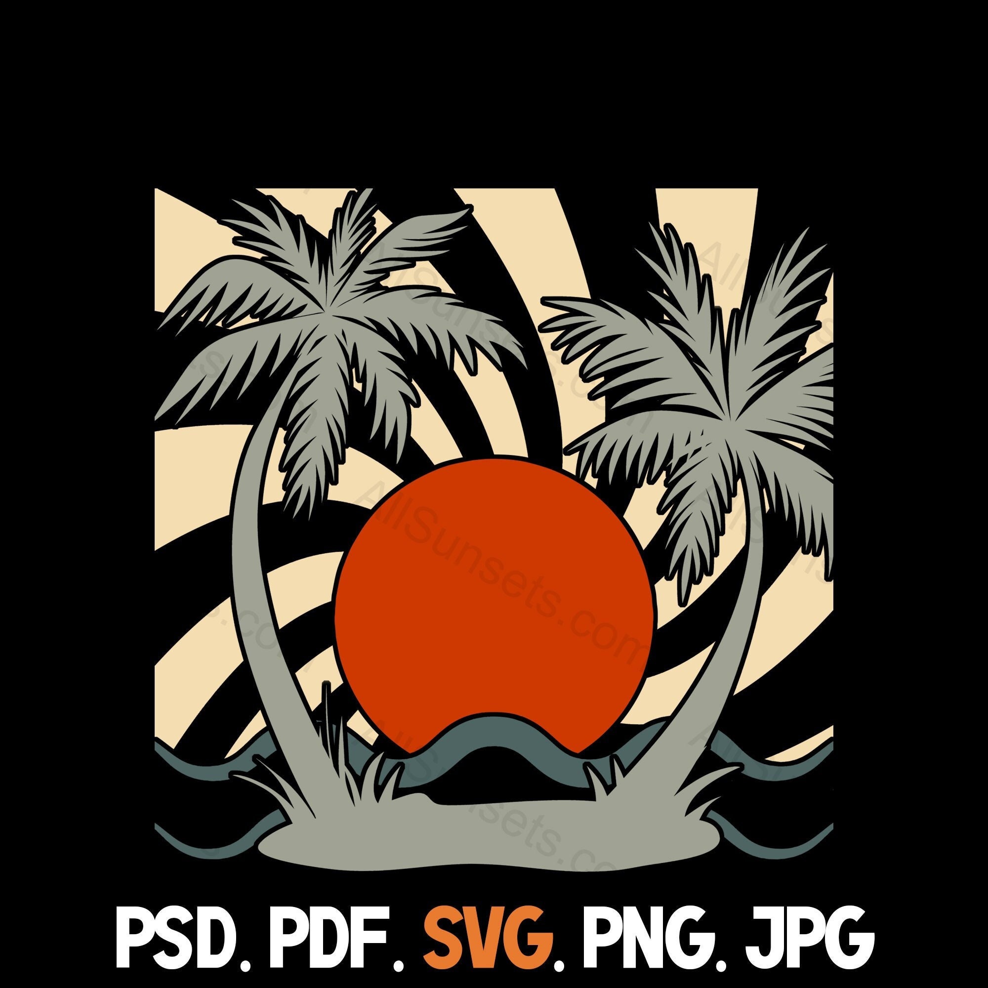 Palm Trees Retro Sunset Svg Png Jpg Pdf Psd File Types Ocean Waves ...