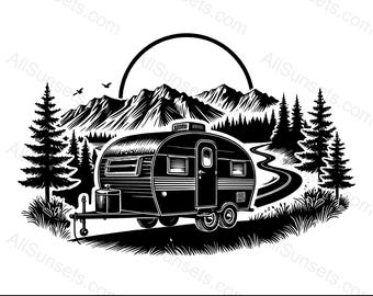Silhouette classica di scena selvaggia di camper svg png psd jpg pdf Tipi di file vettoriali per uso domestico, commerciale o di stampa su richiesta