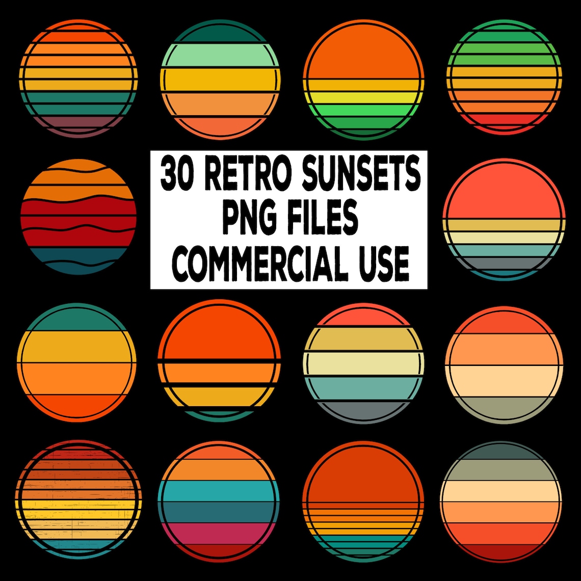 Retro Vintage Sunsets Clipart 30 PNG Files Package #5 Colored Sunrise ...