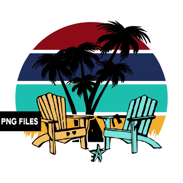 Beach Chairs Palm Trees Retro Sunset PNG Background Clip Art Print on Demand Commercial Use